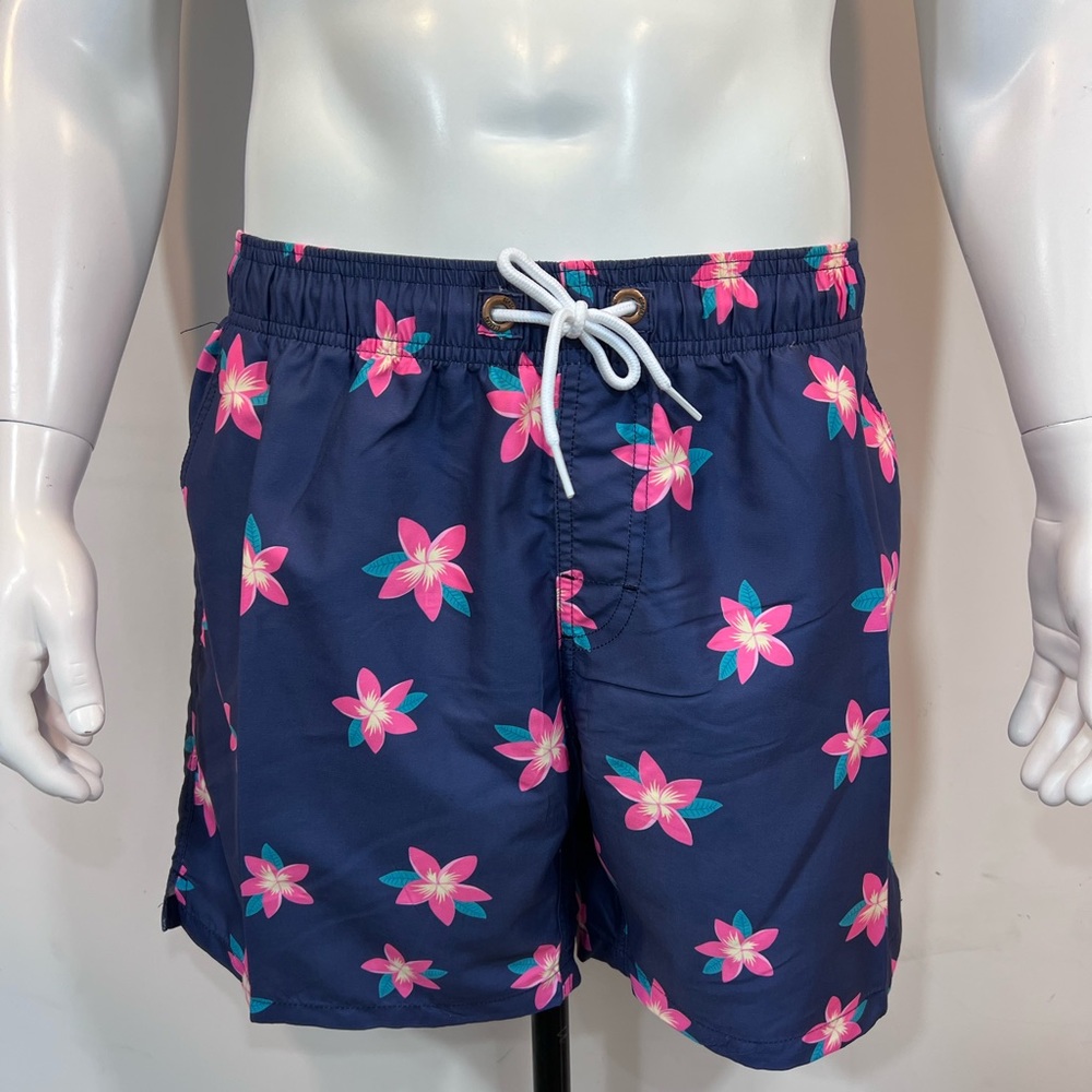 COPY - BONDI BEAMERS, LARGE, NAVY BASE COLOR WITH HAWAIIAN FLOWERS BATHING SUIT…